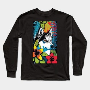 Husky Dog Vibrant Tropical Flower Tall Retro Vintage Digital Pop Art Portrait 3 Long Sleeve T-Shirt